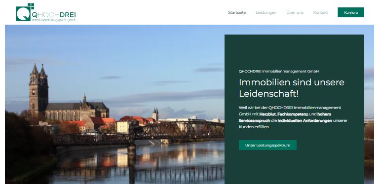 Webdesign-Referenz: Website der QHOCHDREI Immobilienmanagement GmbH Magdeburg