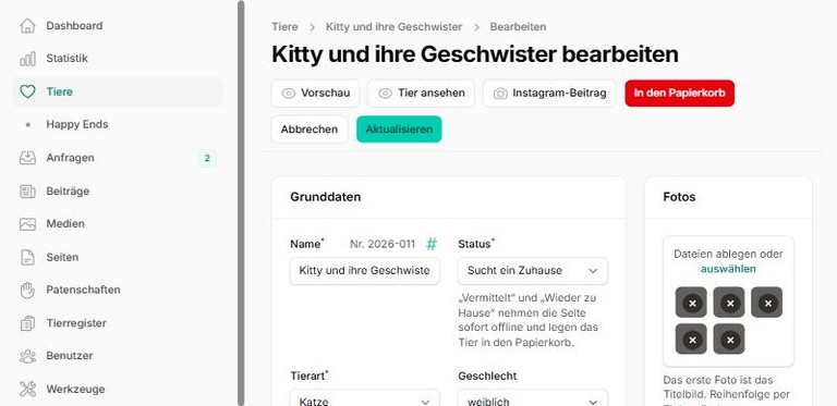 Tier bearbeiten im Backend: Grunddaten, Status, Fotos, Knöpfe für Vorschau und Instagram-Beitrag