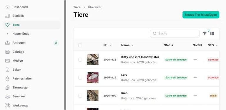 Tierliste im Backend mit Foto, Nummer, Status und SEO-Ampel je Tier