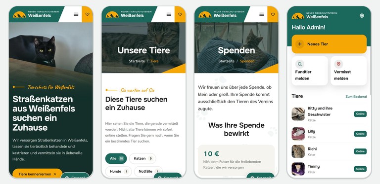 Website des Tierschutzvereins Weißenfels am Handy: Startseite, Tierübersicht, Spendenseite und die Helfer-App für Ehrenamtliche